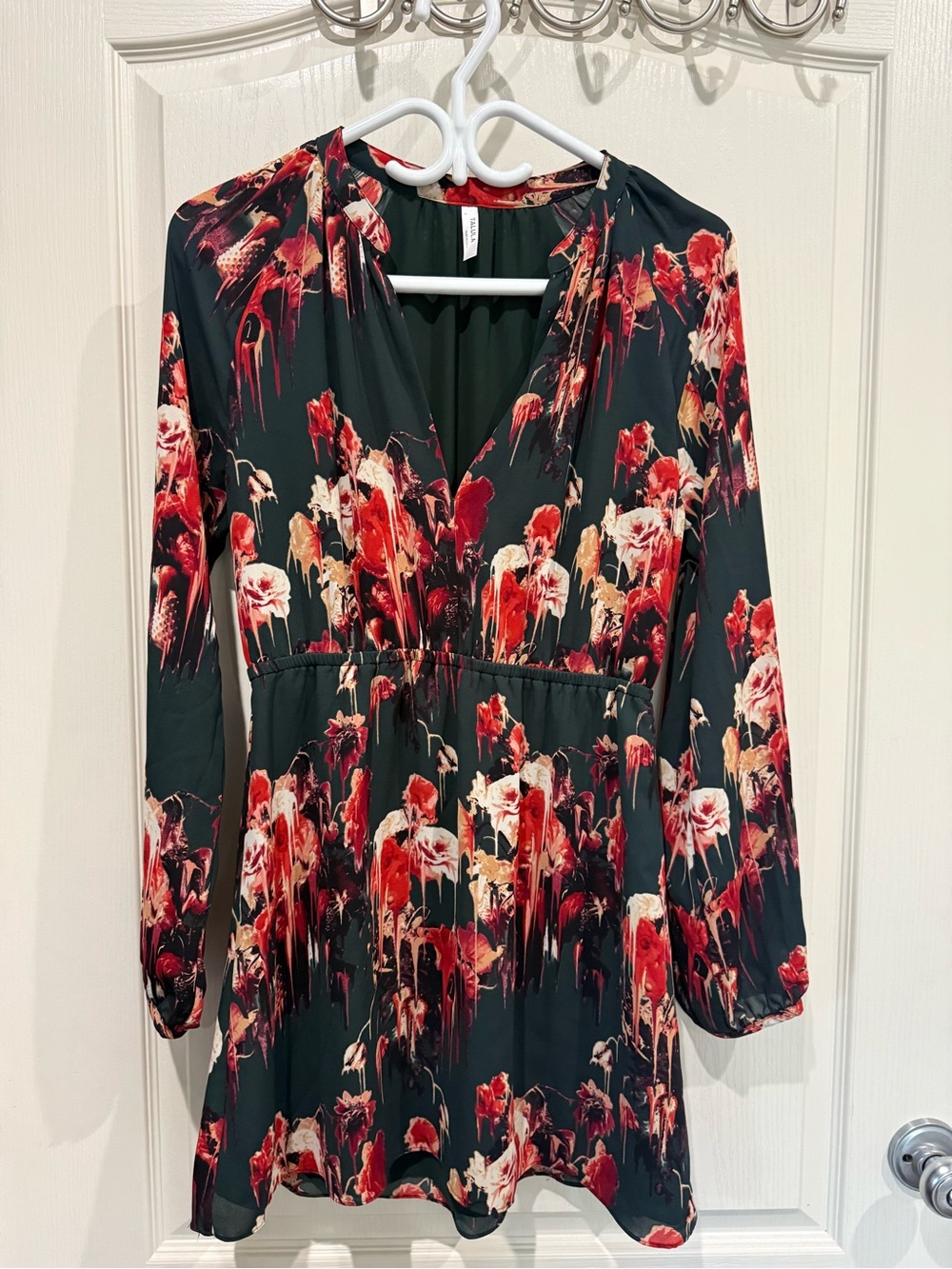 Talula Black Floral Long Sleeve V-Neck Mini Dress (Aritzia)
